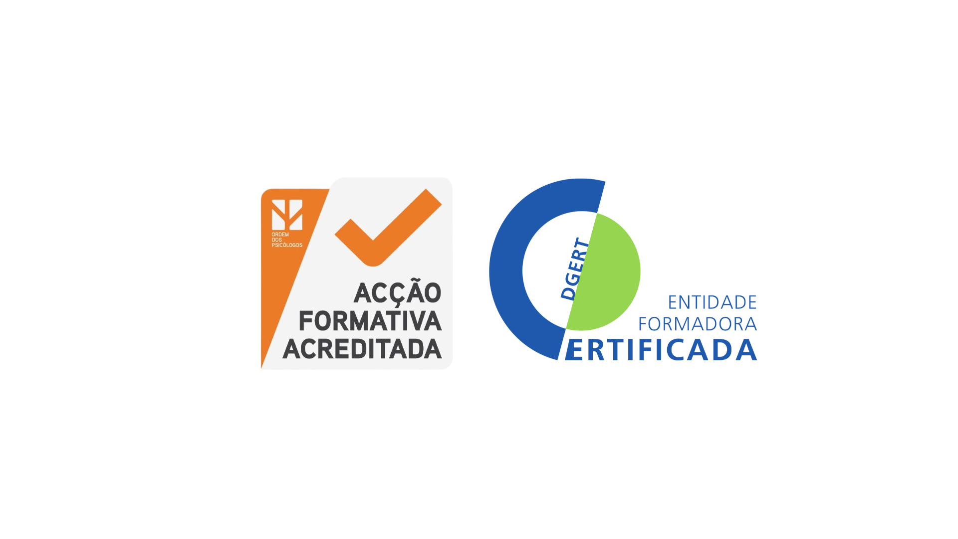 Logotipo de acreditação de formação da Ordem dos Psicólogos e logotipo de certificação de entidade da DGERT